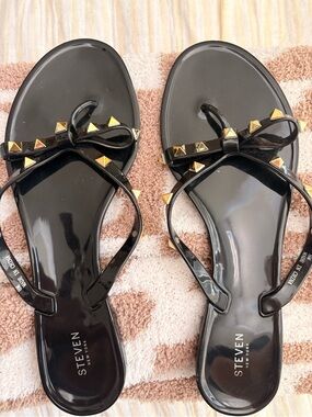 Steven By Steve Madden Black Patent Bow Sandals with Gold Studs